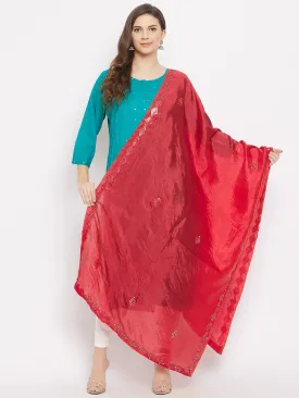 Women Red Mirror Work Silk Dupatta