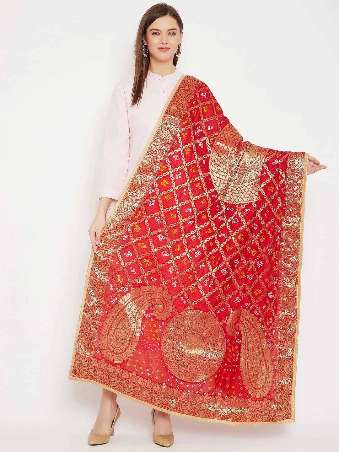 Women Red Woven Design Banarasi Bandhej Dupatta