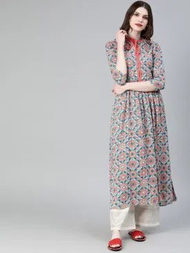 Women Rust Red & Teal Green Printed Kurta