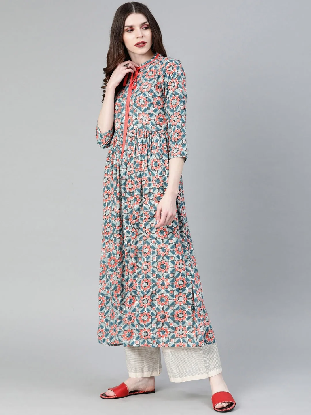 Women Rust Red & Teal Green Printed Kurta