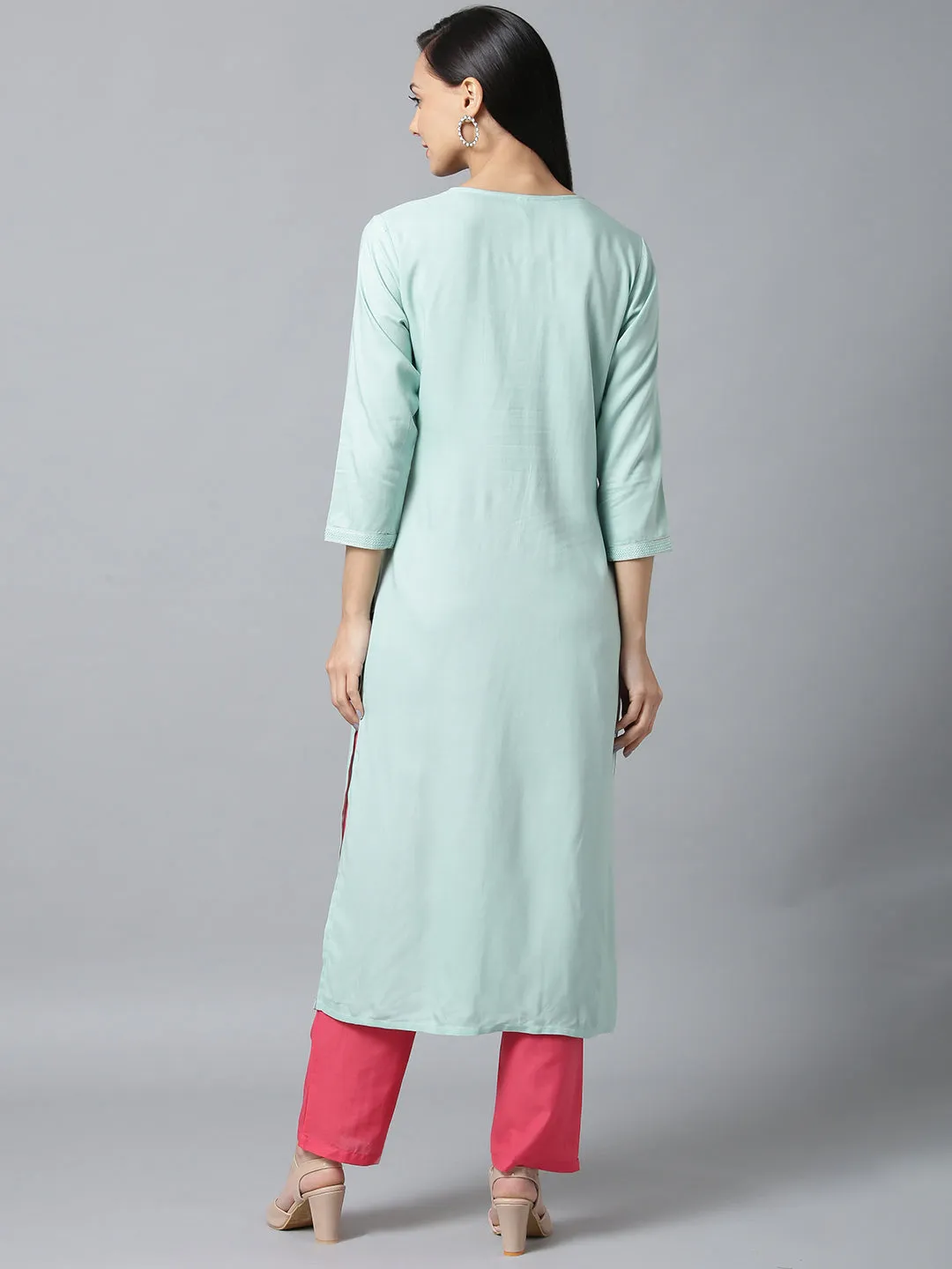 Women Sea Green & Pink Straight Kurta