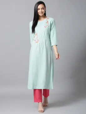 Women Sea Green & Pink Straight Kurta