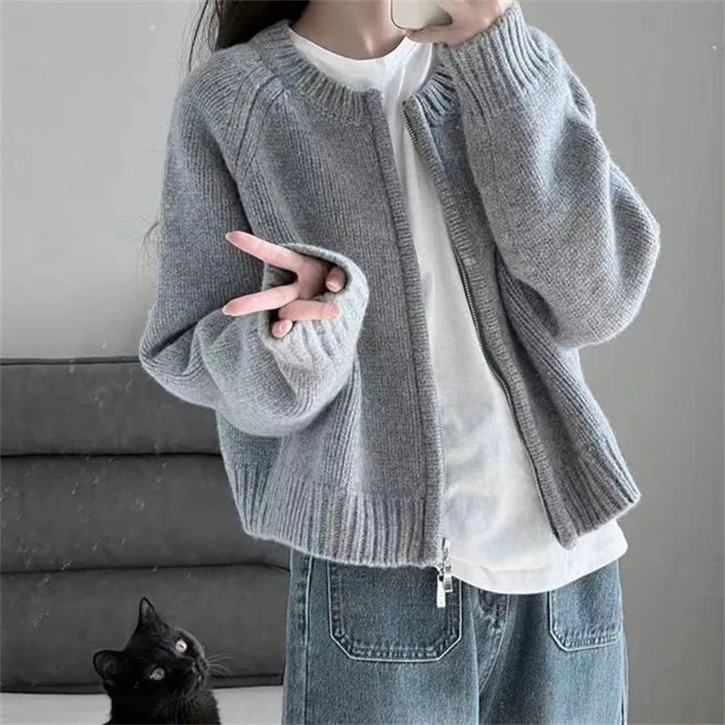 Women Sweet Zipper Cropped Sweaters Korean Knitted Cardigan Autumn Vintage Knitwear Coat Casual Short Jumpers Jackets Outerwear