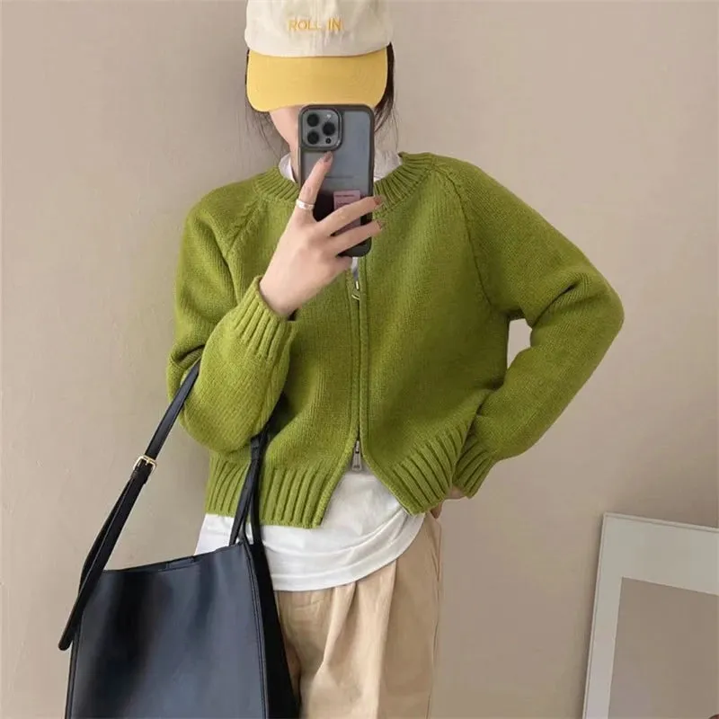 Women Sweet Zipper Cropped Sweaters Korean Knitted Cardigan Autumn Vintage Knitwear Coat Casual Short Jumpers Jackets Outerwear