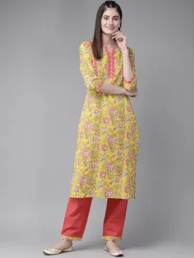 Women Yellow & Coral Printed Kurta Set