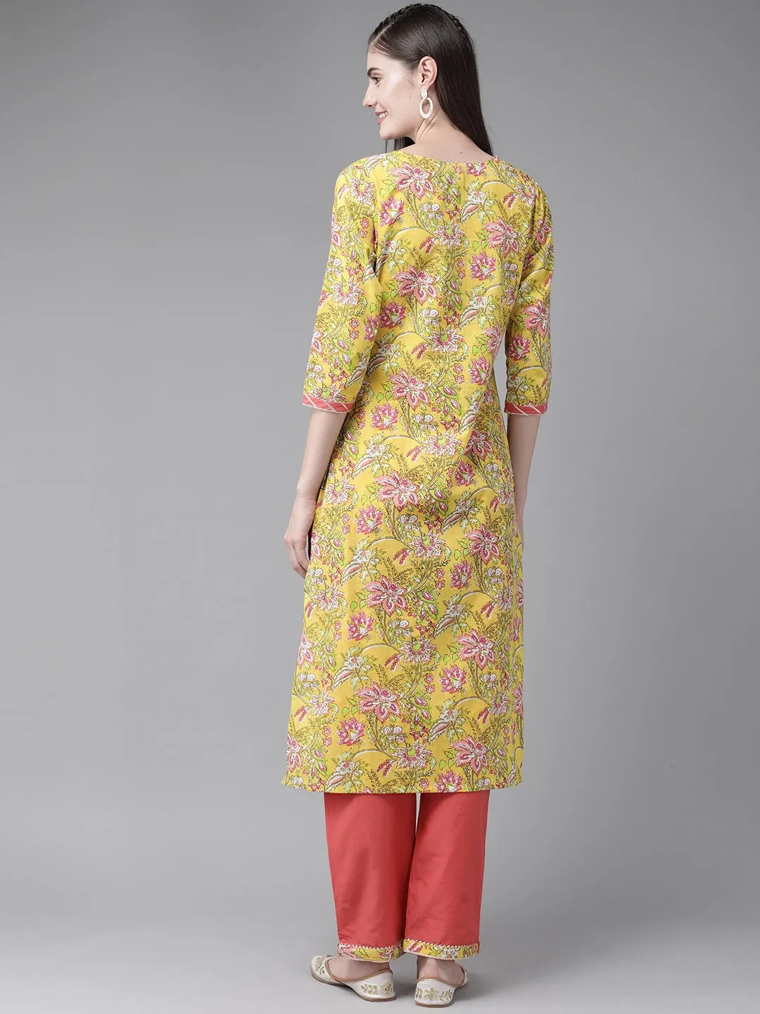 Women Yellow & Coral Printed Kurta Set