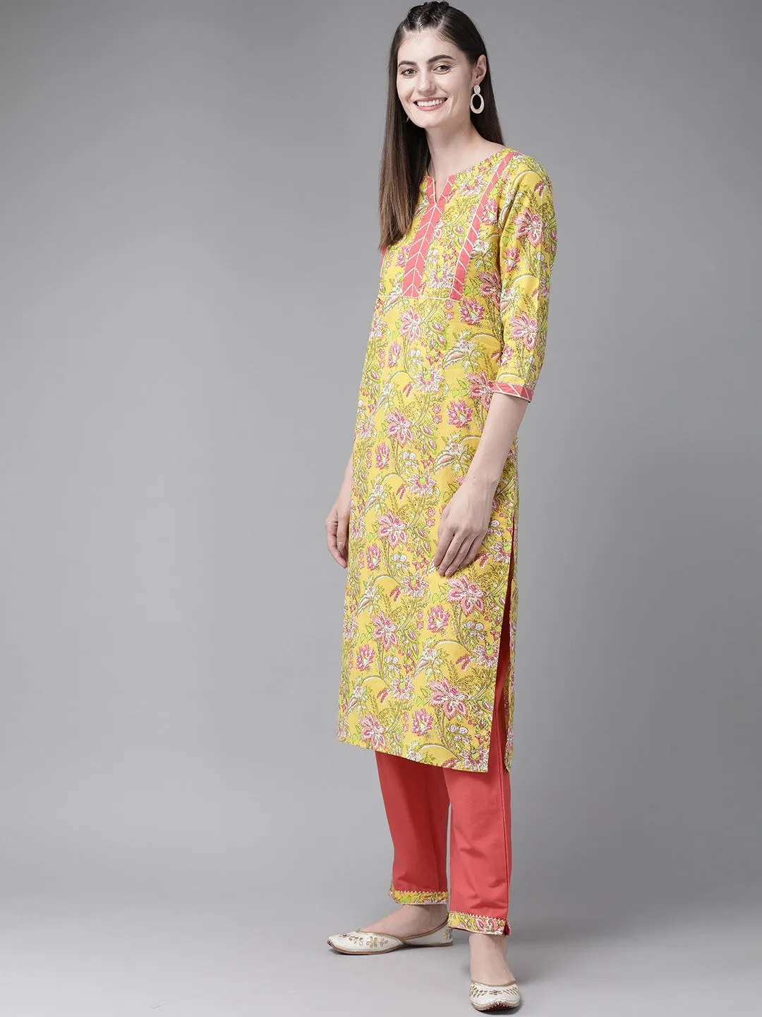 Women Yellow & Coral Printed Kurta Set