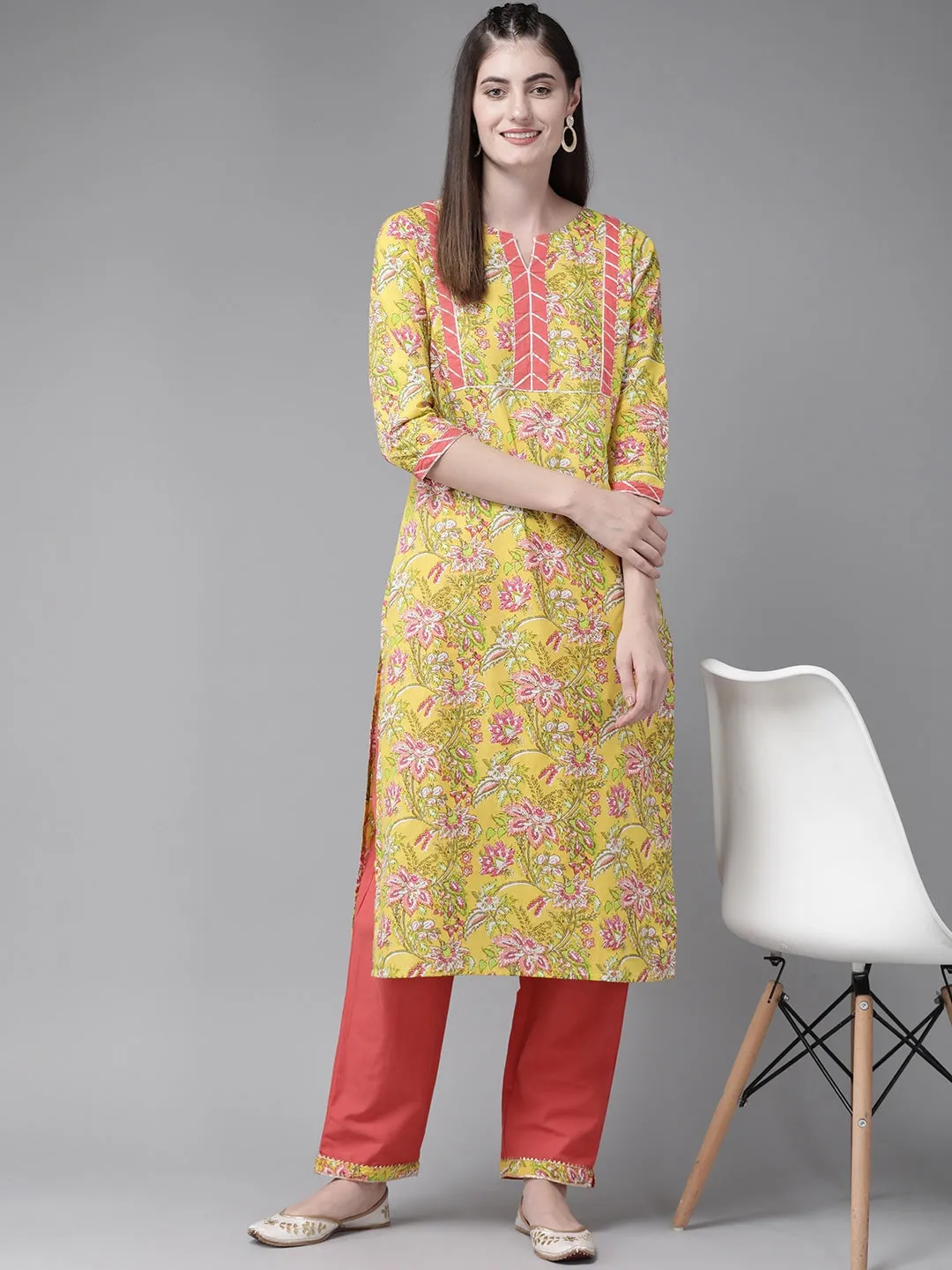 Women Yellow & Coral Printed Kurta Set