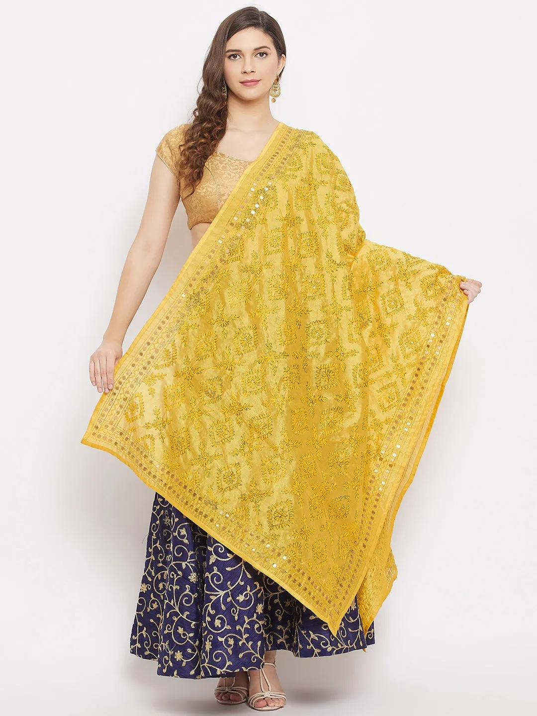 Women Yellow Chanderi Silk Embroidered Dupatta