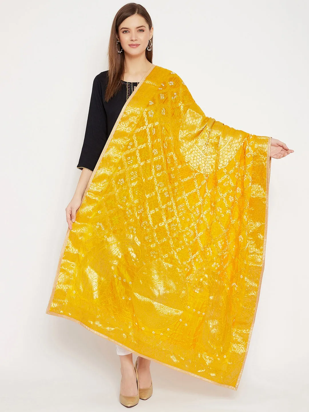 Women Yellow Woven Design Banarasi Bandhej Dupatta