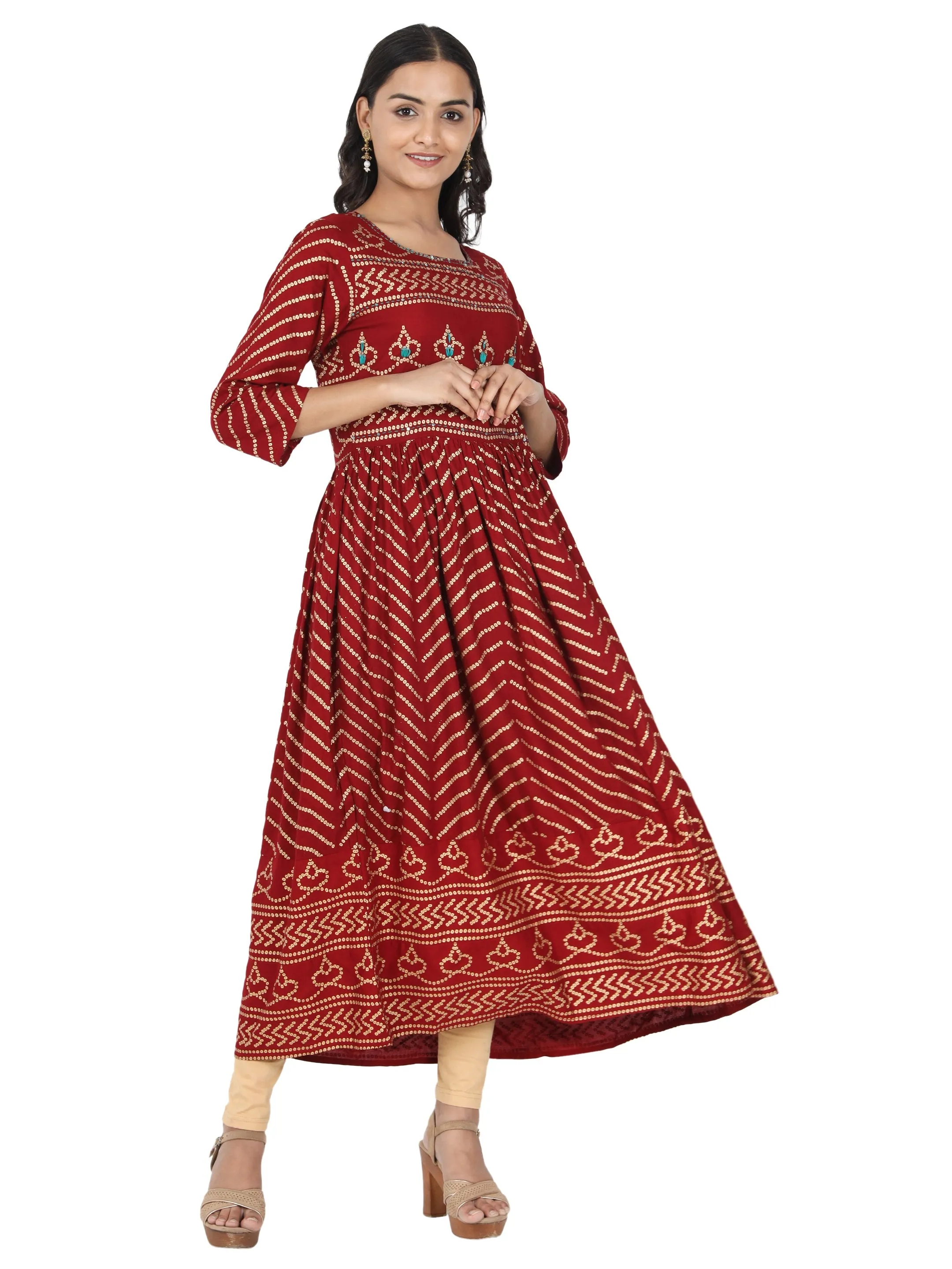 Women'S Bandhani Print & Hand Work Anarkali Rayon Maroon Kurti