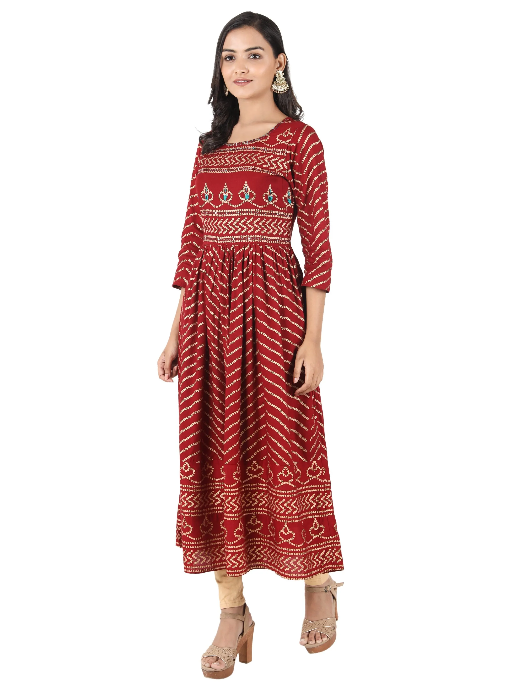 Women'S Bandhani Print & Hand Work Anarkali Rayon Maroon Kurti