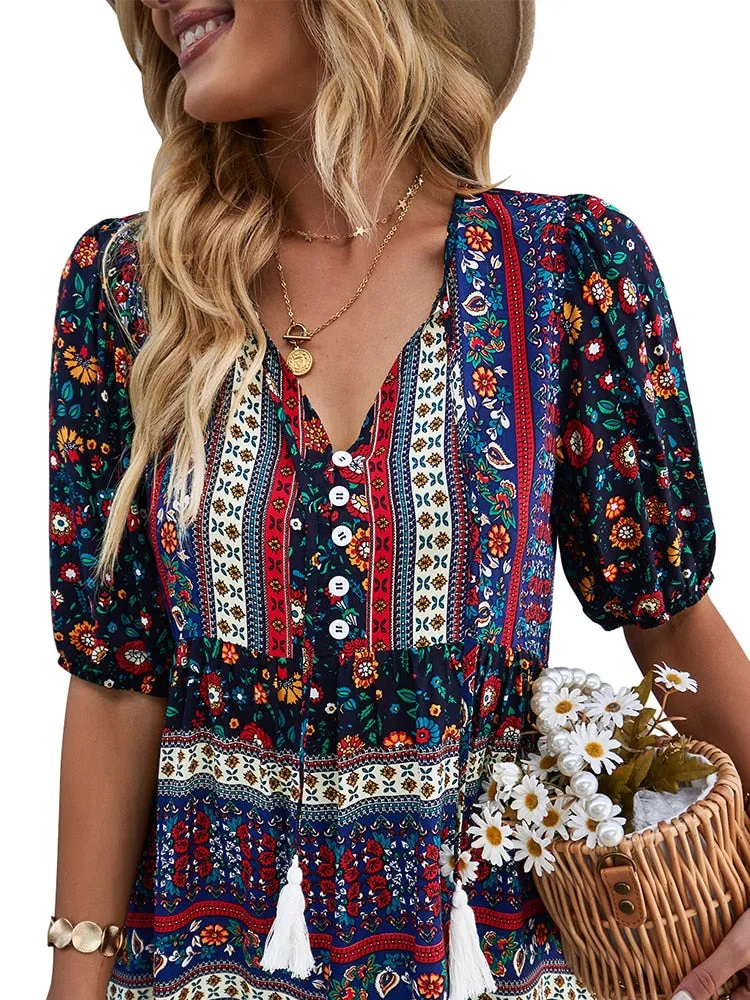 Women's Casual Boho Floral Printed Beach Blouses