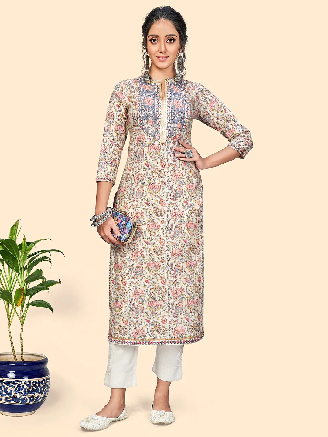 Women'S Cotton Printed & Gota Patti Straight Stitched Kurt