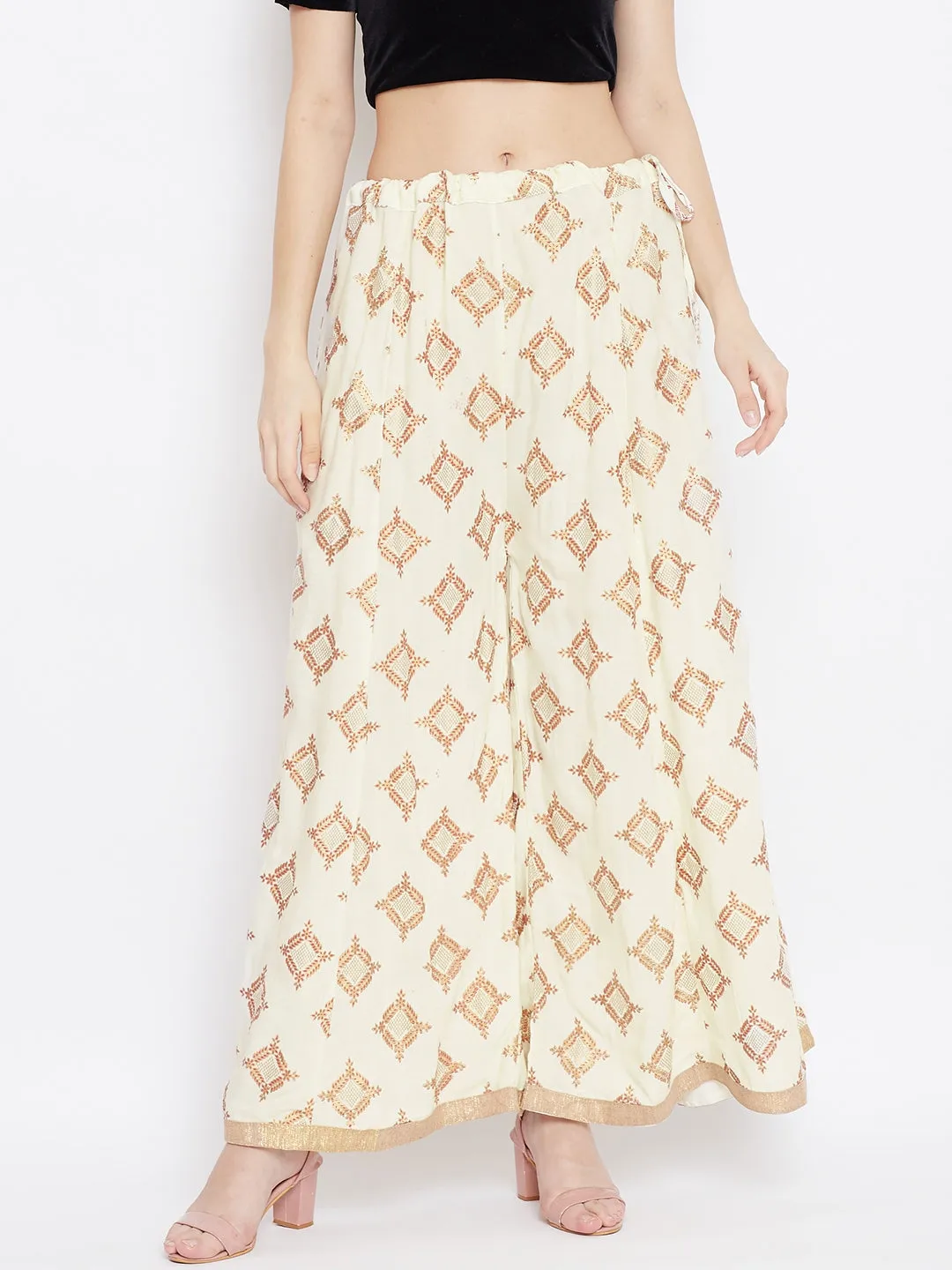 Women'S Cream Wide Leg Printed Sharara