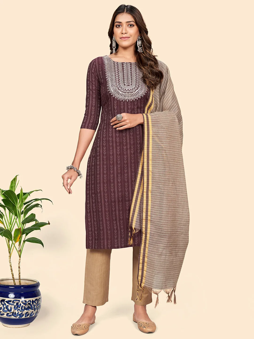 Women'S Embroidered & Sequience Straight Cotton Purple Stitched Kurta Pant With Dupatta