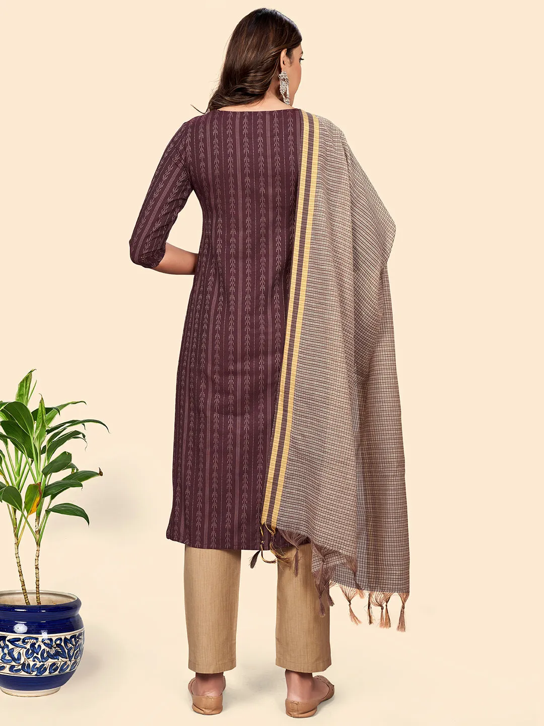 Women'S Embroidered & Sequience Straight Cotton Purple Stitched Kurta Pant With Dupatta