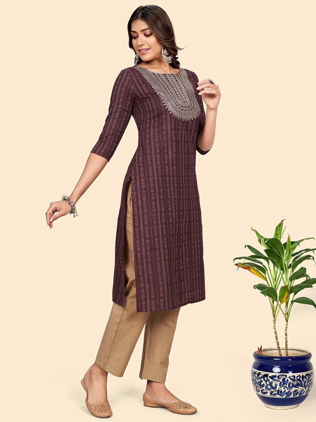 Women'S Embroidered & Sequience Straight Cotton Purple Stitched Kurta Pant With Dupatta