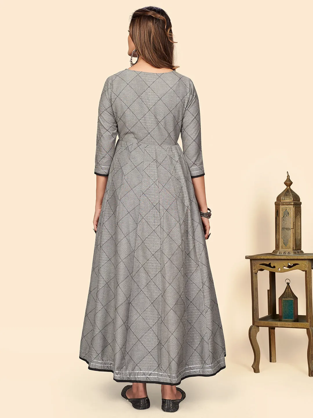 Women'S Embroidered Anarkali Cotton Bland Grey Stitched Kurta