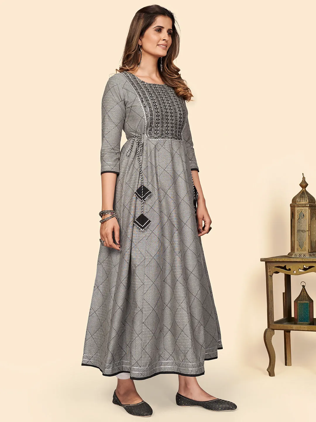 Women'S Embroidered Anarkali Cotton Bland Grey Stitched Kurta