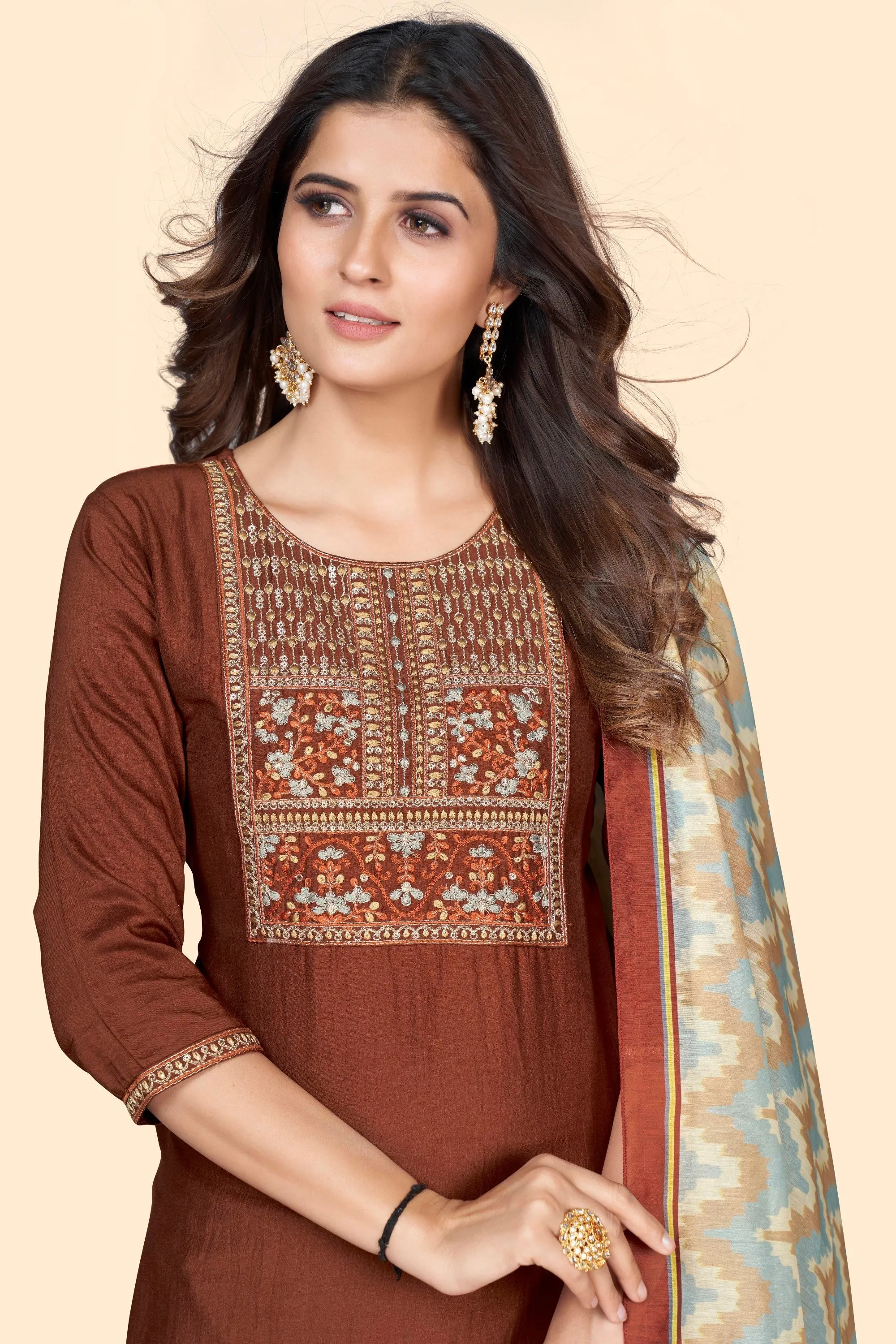 Women'S Embroidered Straight Chinon Brown Stitched Kurta Pant With Dupatta