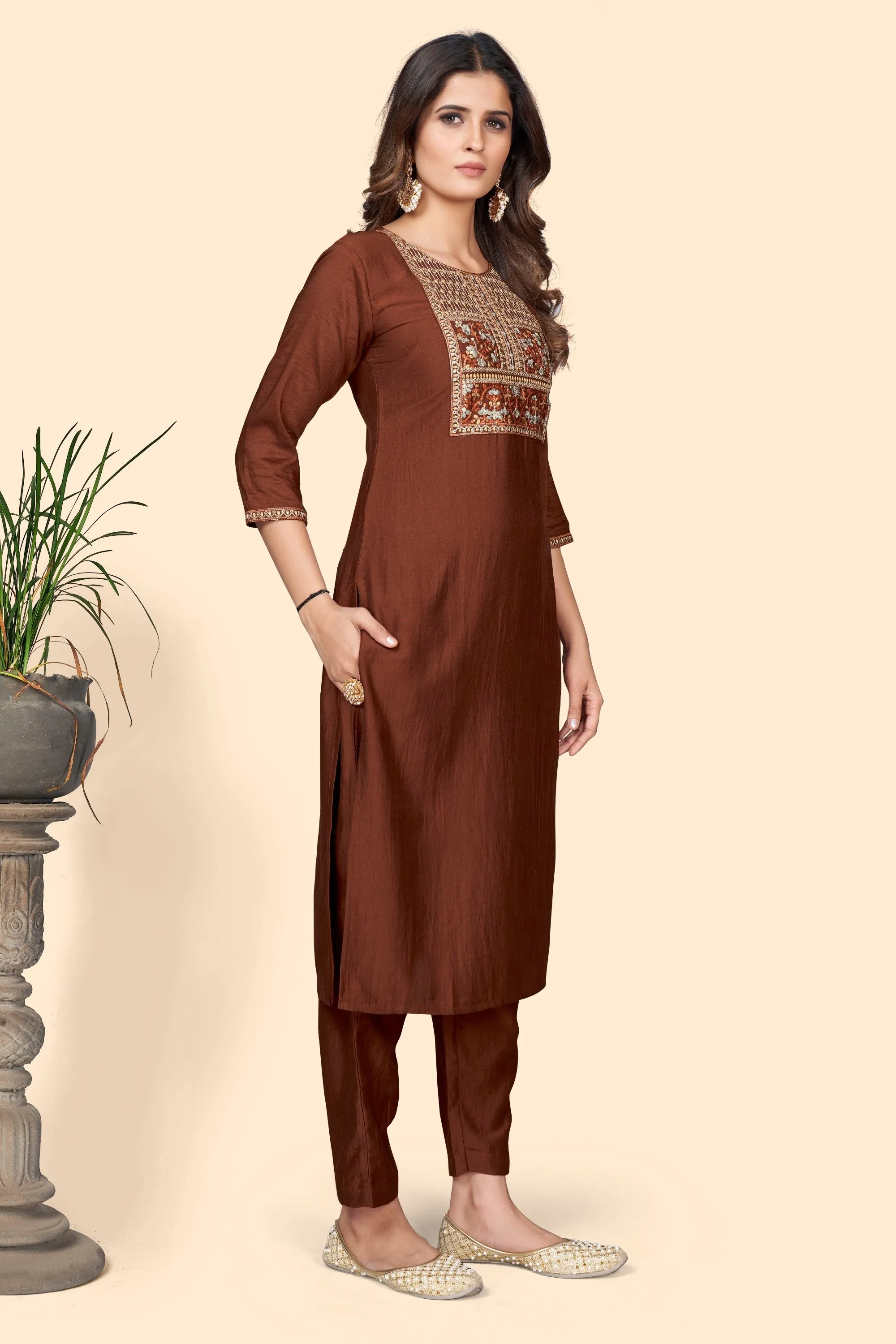 Women'S Embroidered Straight Chinon Brown Stitched Kurta Pant With Dupatta