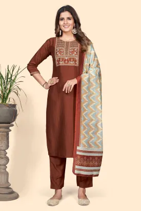 Women'S Embroidered Straight Chinon Brown Stitched Kurta Pant With Dupatta