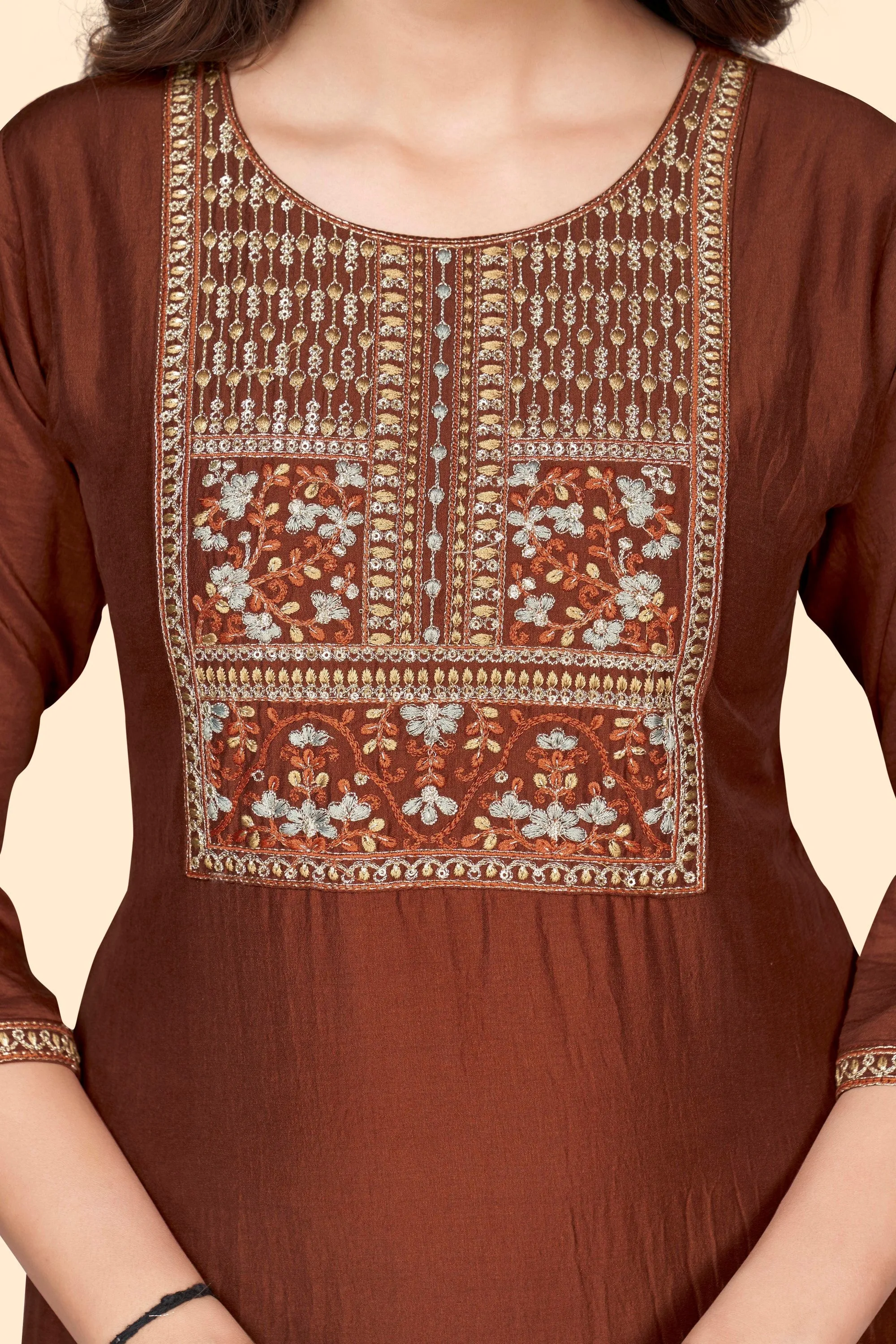 Women'S Embroidered Straight Chinon Brown Stitched Kurta Pant With Dupatta