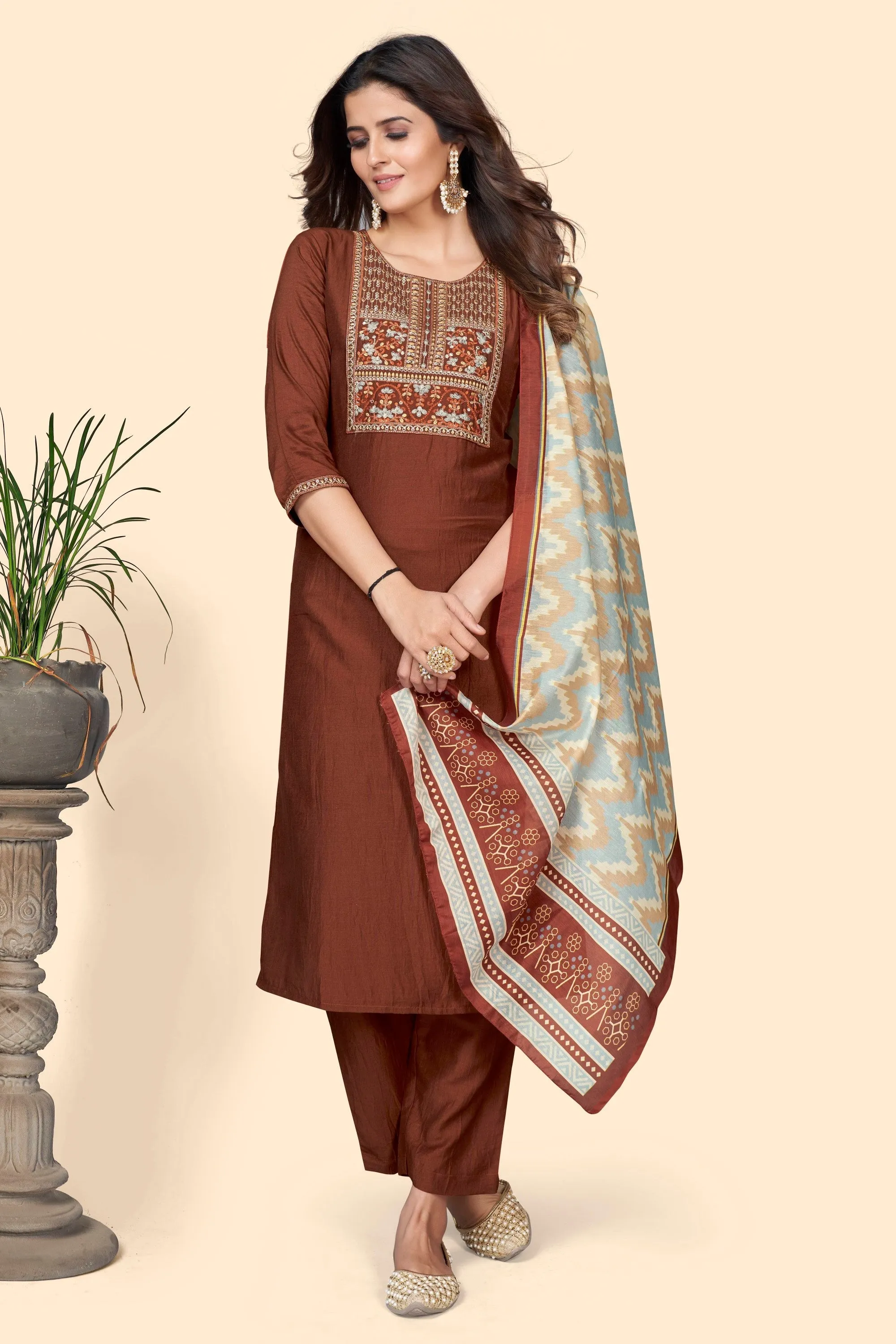 Women'S Embroidered Straight Chinon Brown Stitched Kurta Pant With Dupatta