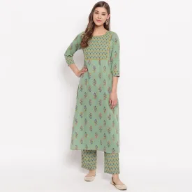 Women'S Floral Print Straight Cotton Pista Kurta With Palazzo