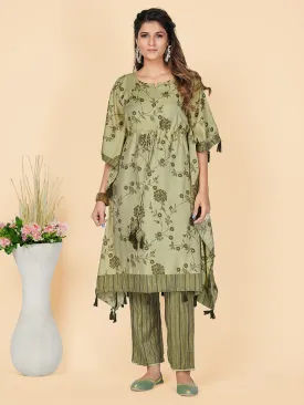 Women'S Foil Print  Chanderi Pista Stitched Kaftan Kurta With Pant Set