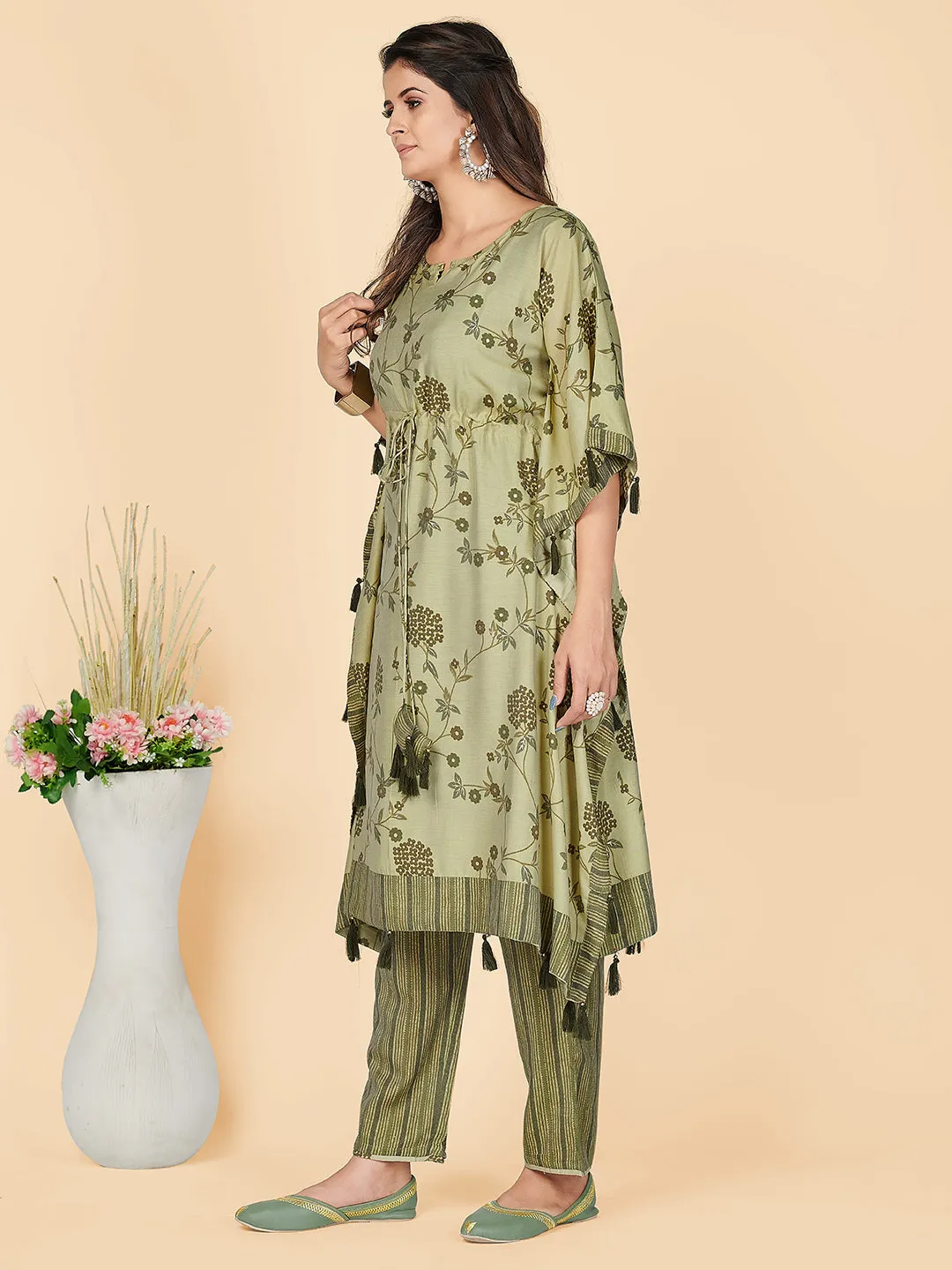 Women'S Foil Print  Chanderi Pista Stitched Kaftan Kurta With Pant Set