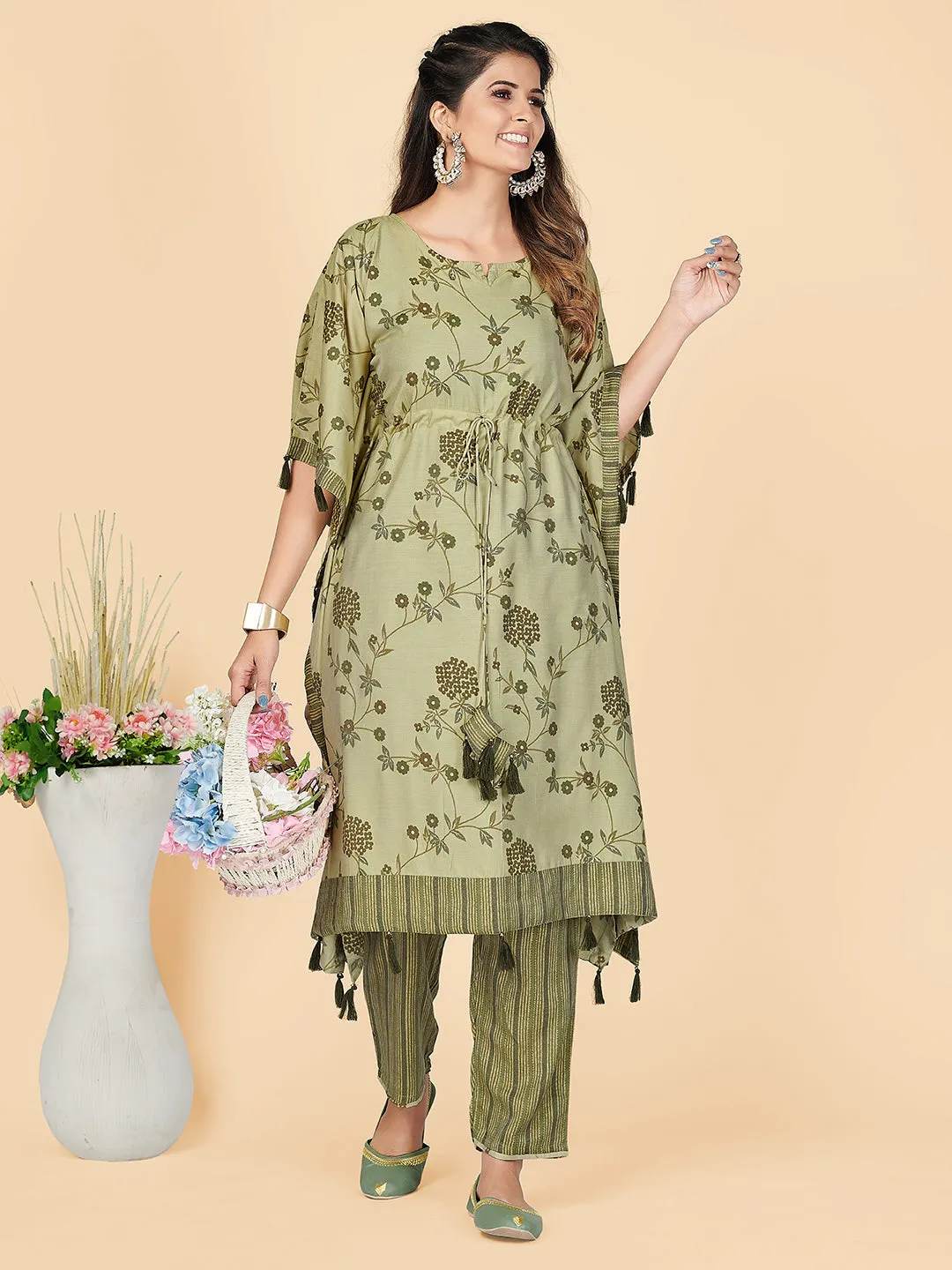 Women'S Foil Print  Chanderi Pista Stitched Kaftan Kurta With Pant Set