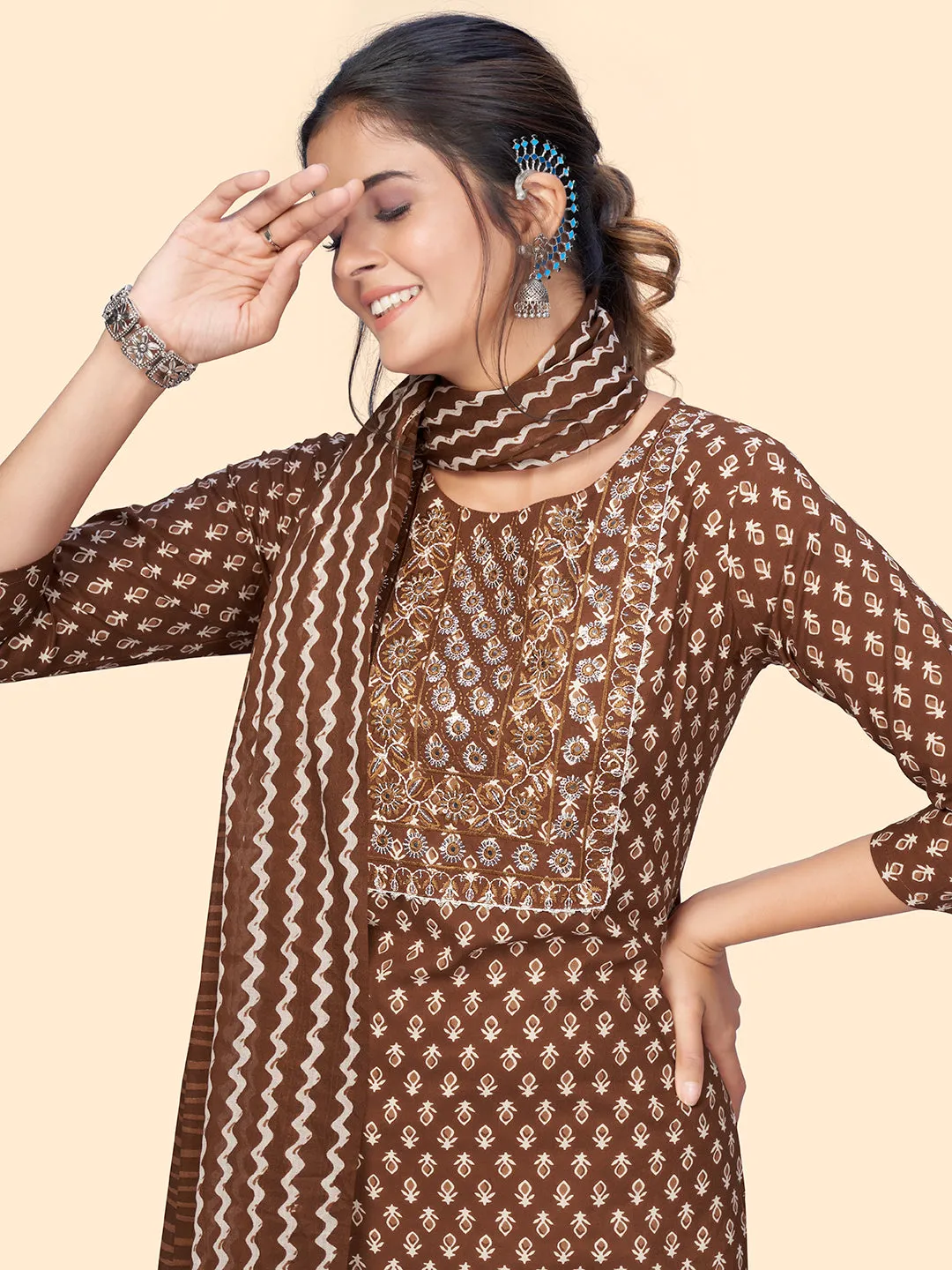 Women'S Print & Embroidered Straight Cotton Brown Stitched Kurta Pant With Dupatta