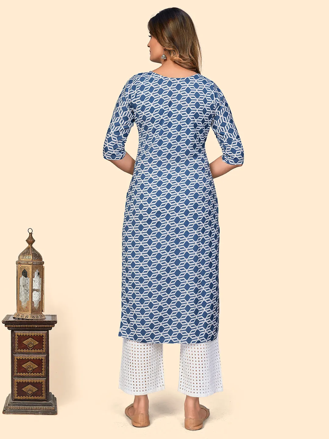 Women'S Print & Mirror Work Straight Viscose Blue Stitched Kurta