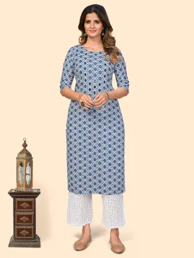 Women'S Print & Mirror Work Straight Viscose Blue Stitched Kurta