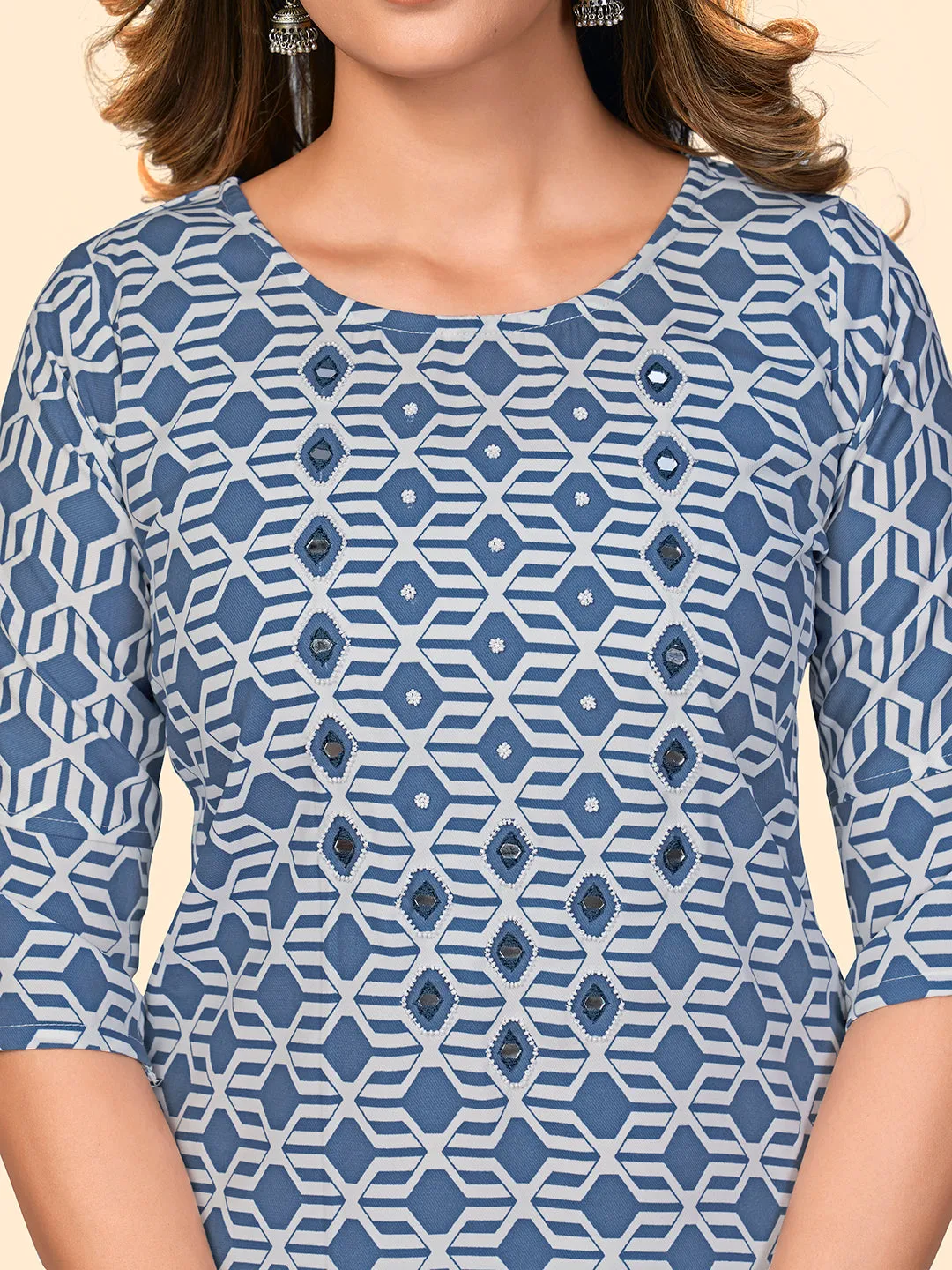 Women'S Print & Mirror Work Straight Viscose Blue Stitched Kurta