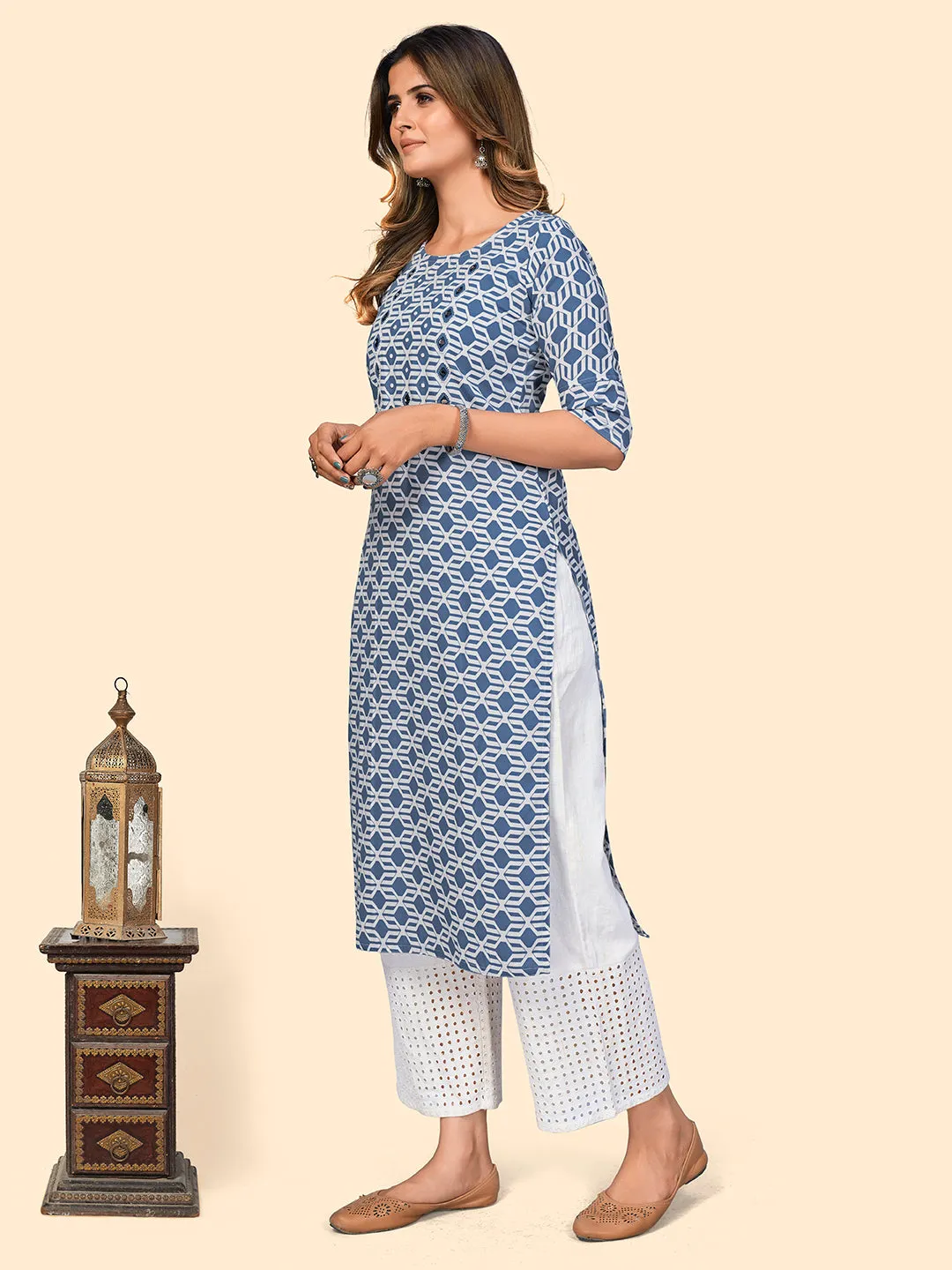 Women'S Print & Mirror Work Straight Viscose Blue Stitched Kurta