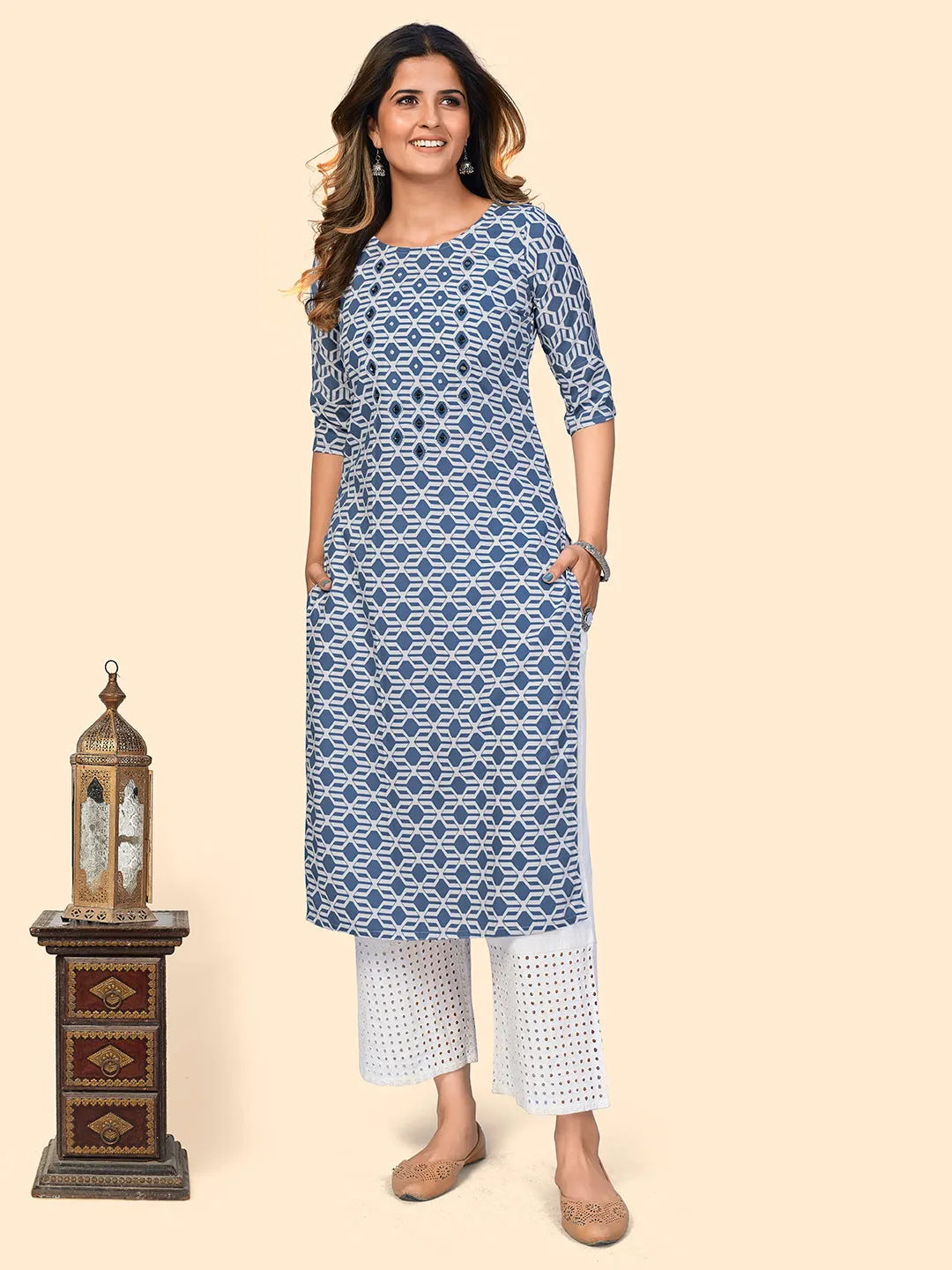 Women'S Print & Mirror Work Straight Viscose Blue Stitched Kurta