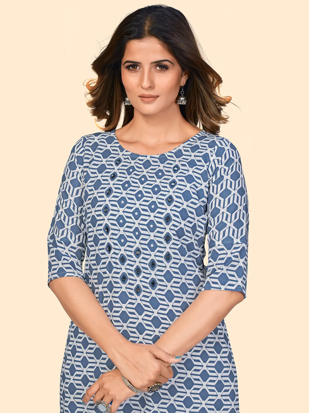 Women'S Print & Mirror Work Straight Viscose Blue Stitched Kurta