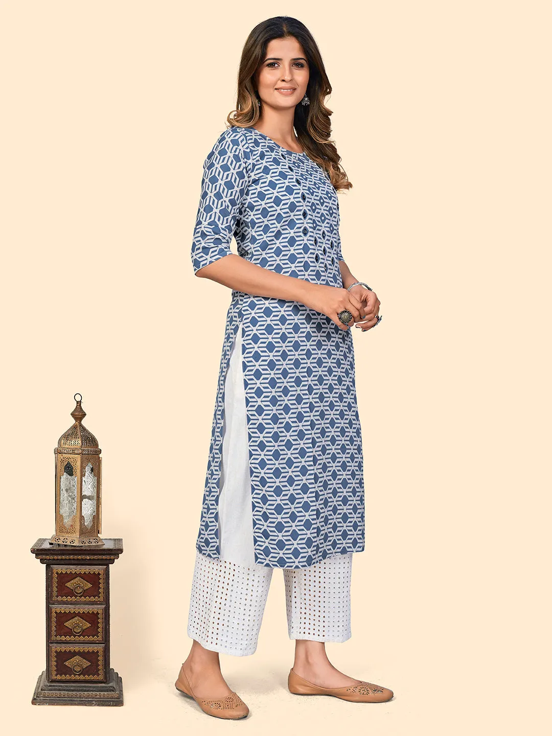 Women'S Print & Mirror Work Straight Viscose Blue Stitched Kurta