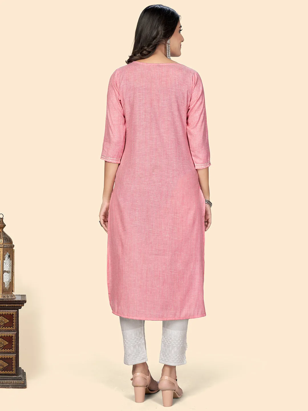 Women'S Printed & Embroidered Straight Cotton Pink Stitched Kurta