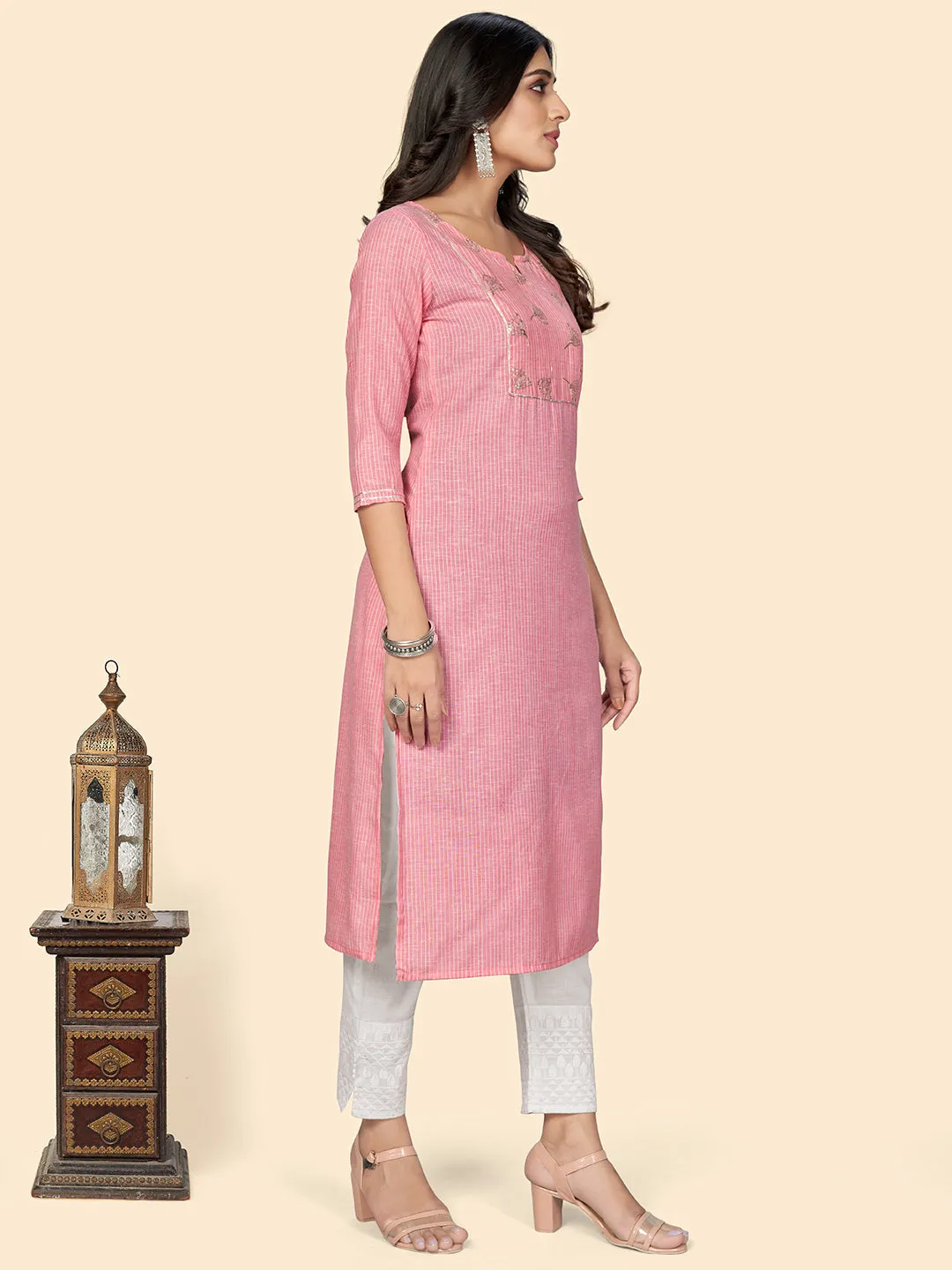 Women'S Printed & Embroidered Straight Cotton Pink Stitched Kurta