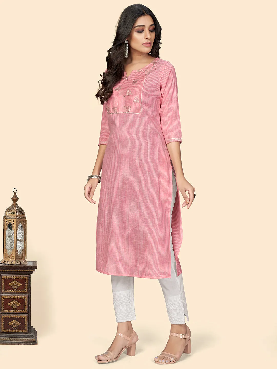 Women'S Printed & Embroidered Straight Cotton Pink Stitched Kurta