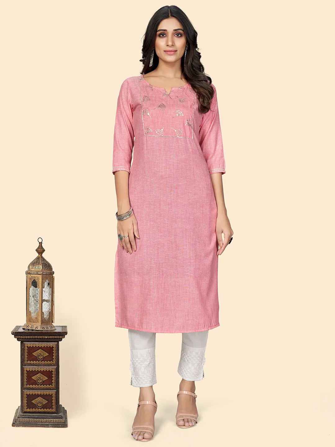 Women'S Printed & Embroidered Straight Cotton Pink Stitched Kurta