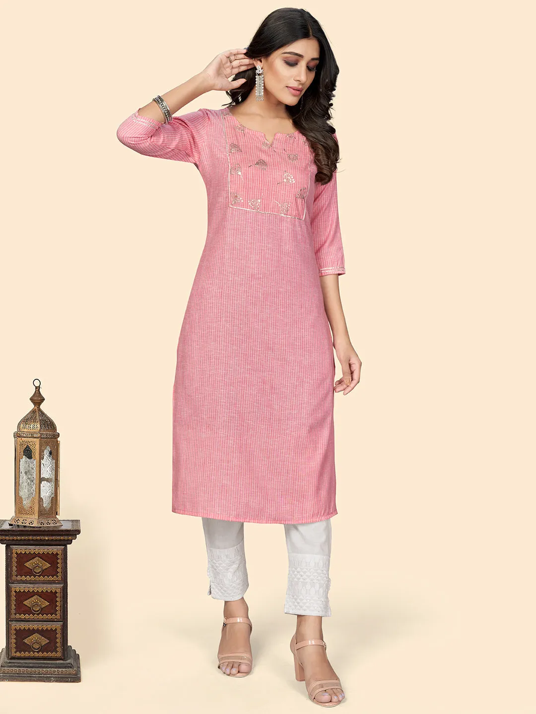 Women'S Printed & Embroidered Straight Cotton Pink Stitched Kurta