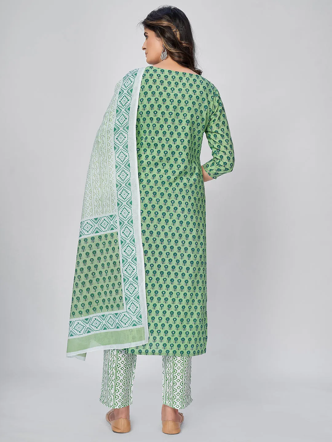 Women'S Printed & Embroidered Straight Cotton Pista Kurta Pant With Dupatta