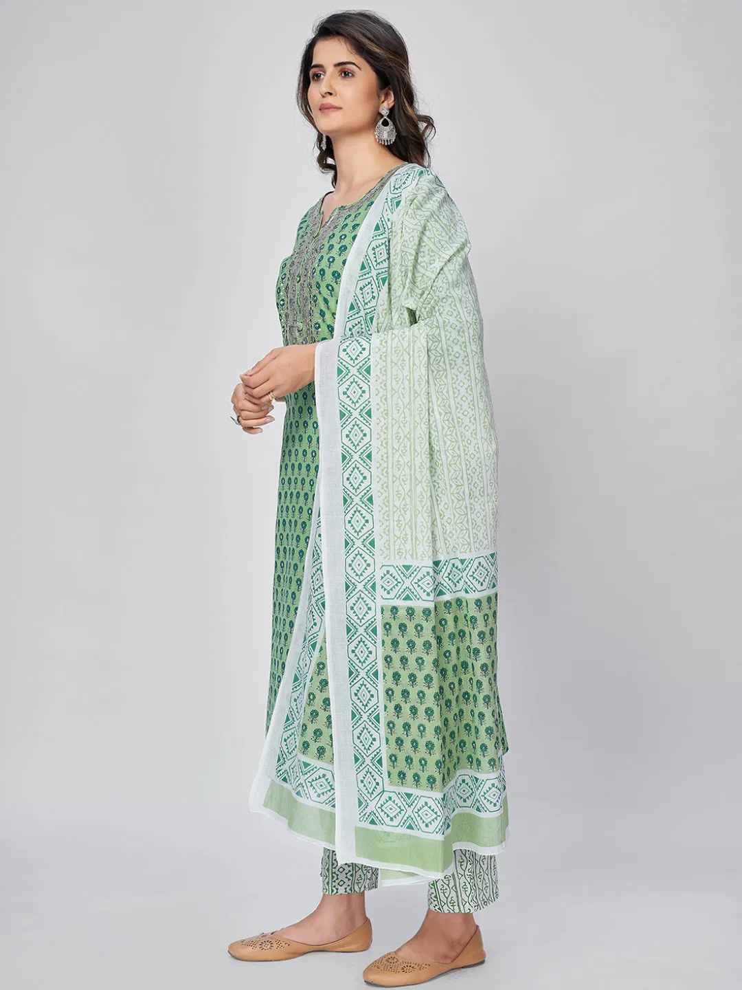 Women'S Printed & Embroidered Straight Cotton Pista Kurta Pant With Dupatta