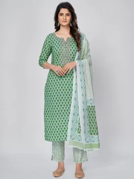 Women'S Printed & Embroidered Straight Cotton Pista Kurta Pant With Dupatta