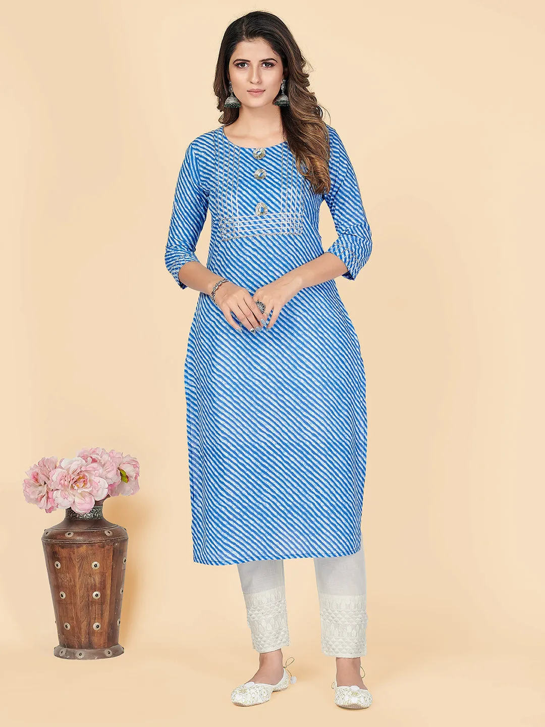 Women'S Printed & Gota Patti Straight Cotton Sky Blue Stitched Kurta